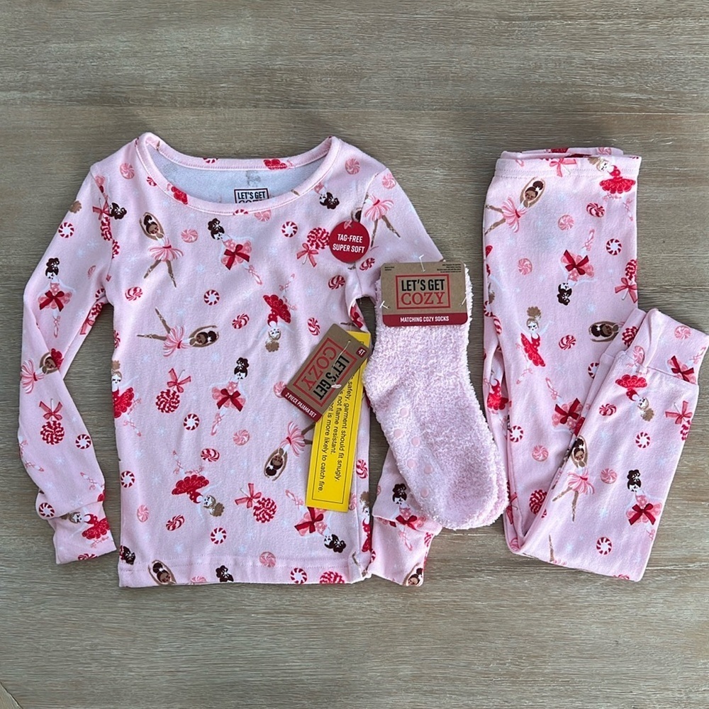 🎄Let’s Get Cozy Toddler Girl Ballerina Candy Christmas 3 Piece Pajama Set 4T